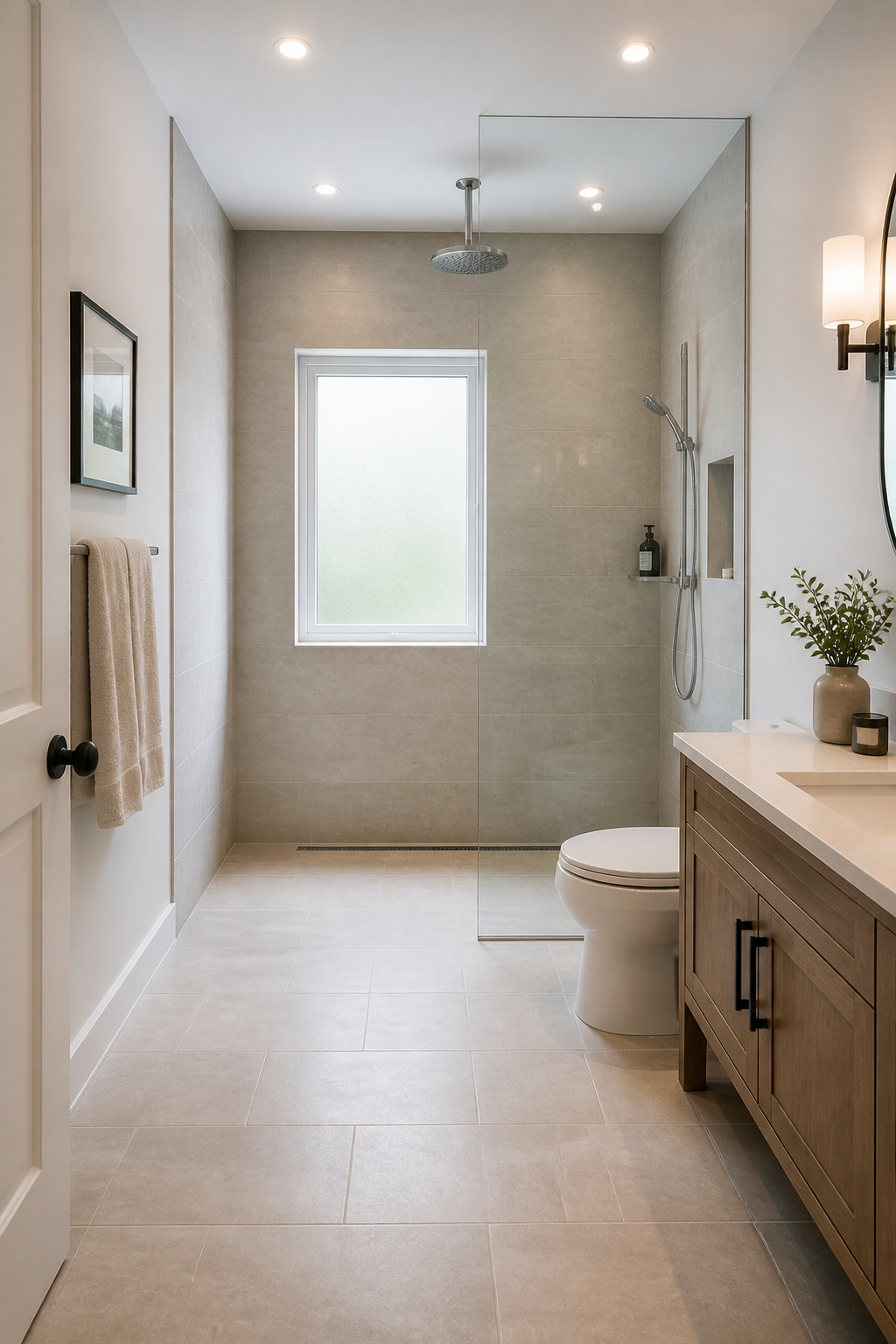 A curbless bathtub-to-shower conversion with a continuous greige porcelain floor, linear drain, and fixed frameless glass panel — a modern transformation that maximises a small bathroom.