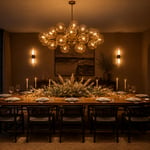 A contemporary dining room lit by a sculptural glass chandelier, wall sconces, and candlelight — the complete multi-layer approach that makes every meal feel like an occasion.