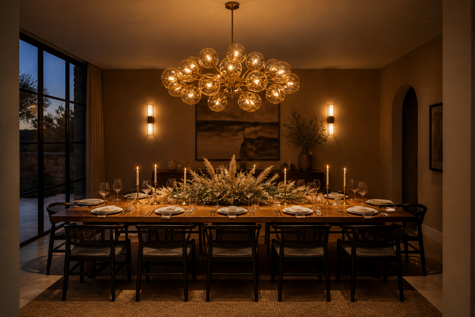 A contemporary dining room lit by a sculptural glass chandelier, wall sconces, and candlelight — the complete multi-layer approach that makes every meal feel like an occasion.