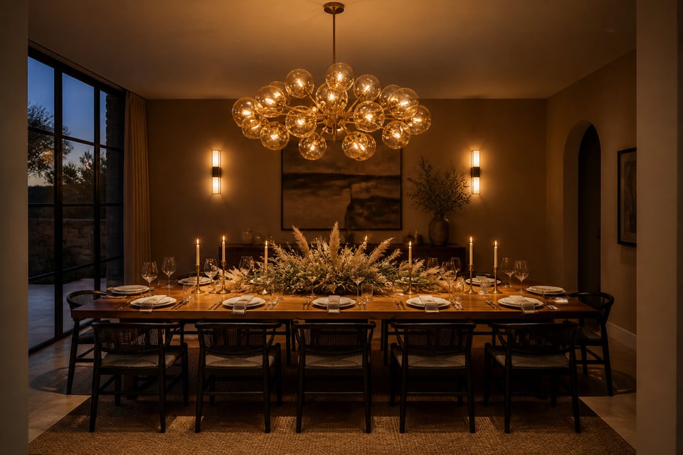 A contemporary dining room lit by a sculptural glass chandelier, wall sconces, and candlelight — the complete multi-layer approach that makes every meal feel like an occasion.
