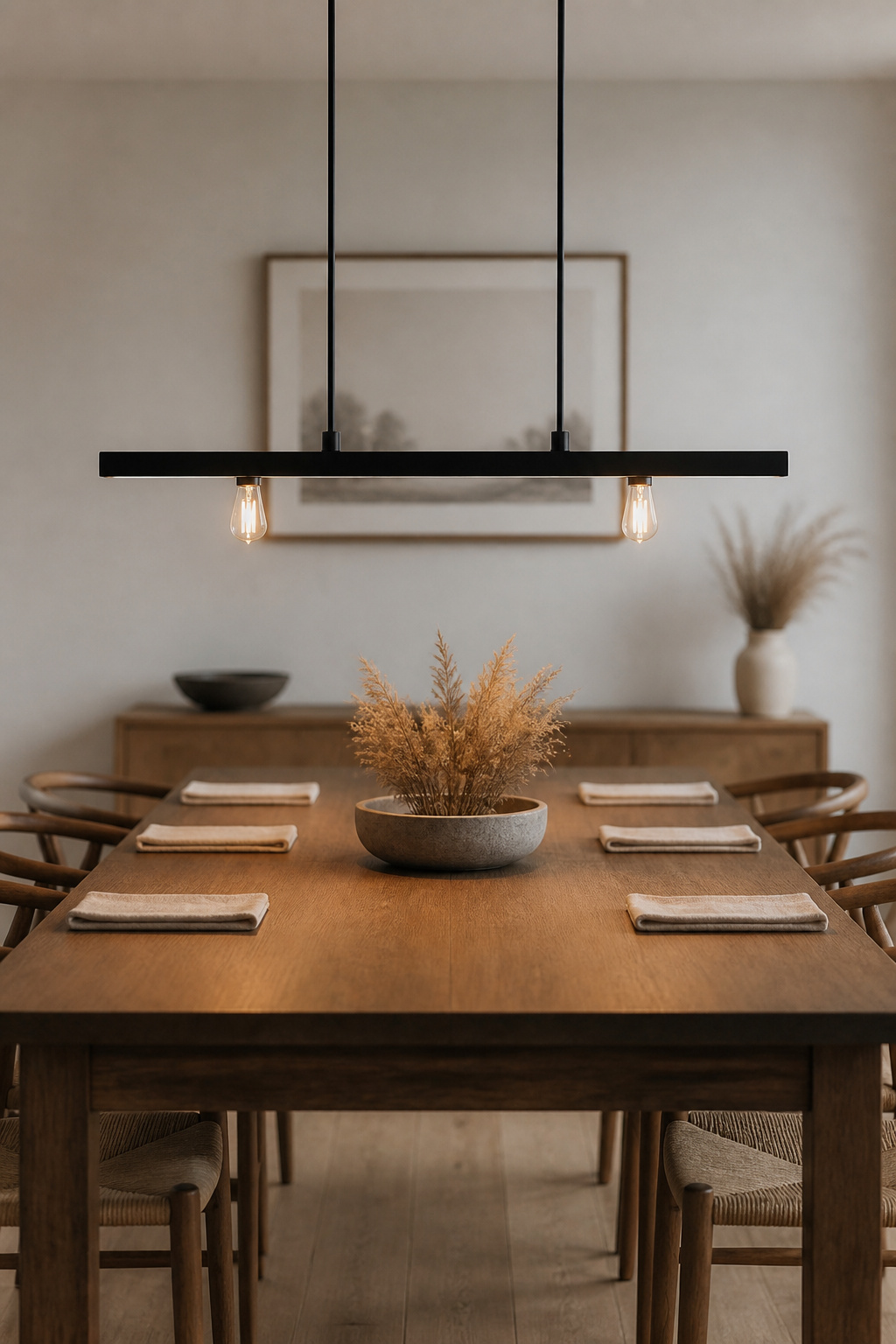 A slim matte black linear suspension pendant hung 32 inches above a walnut dining table, providing even, warm light across the full length of the surface.