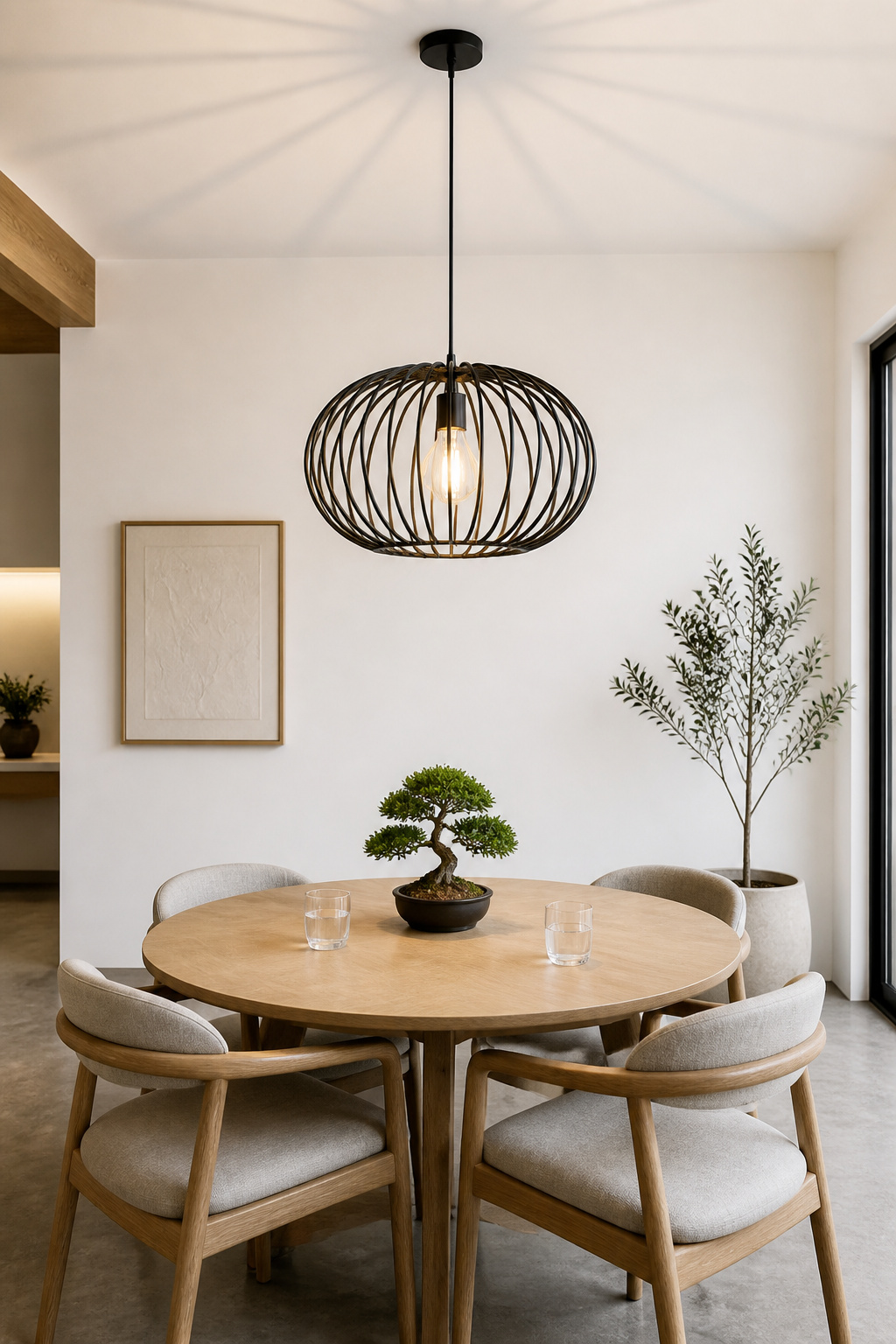 A matte black open-cage pendant over a Japandi-influenced dining table — its open frame scatters light while its dark finish grounds the room's minimal palette.