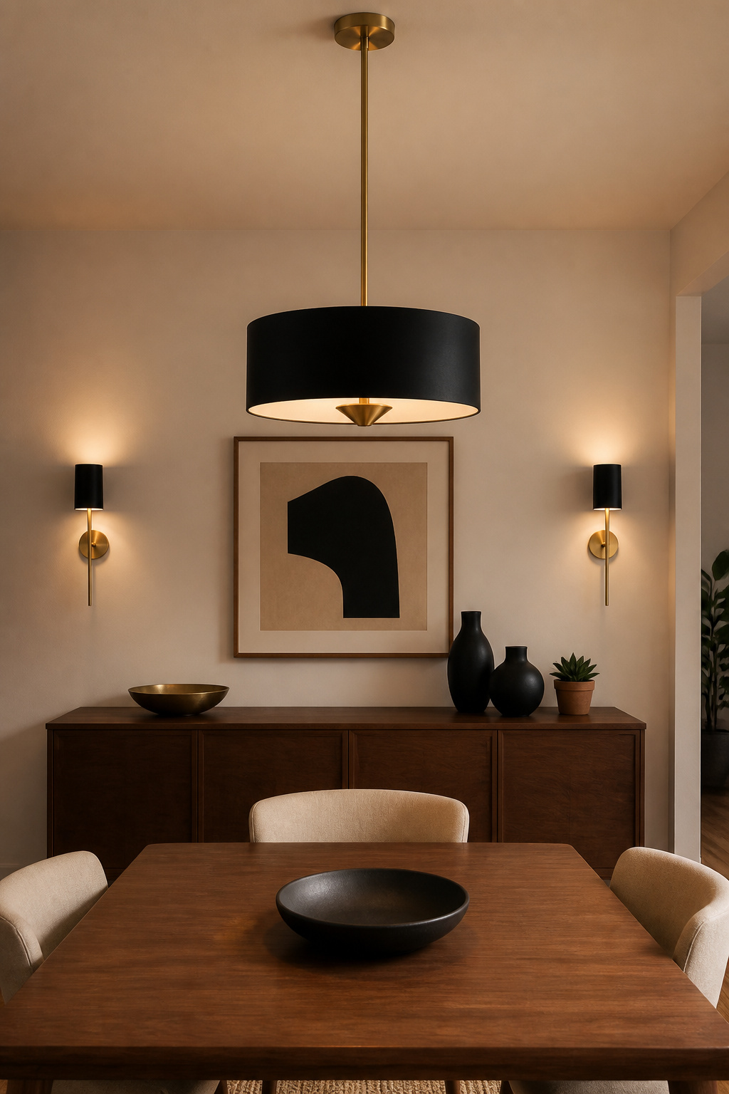 A two-tone brass-and-black pendant with matching sconces demonstrates how the mixed-metal contemporary dining room lighting approach works across multiple fixtures in a single room.