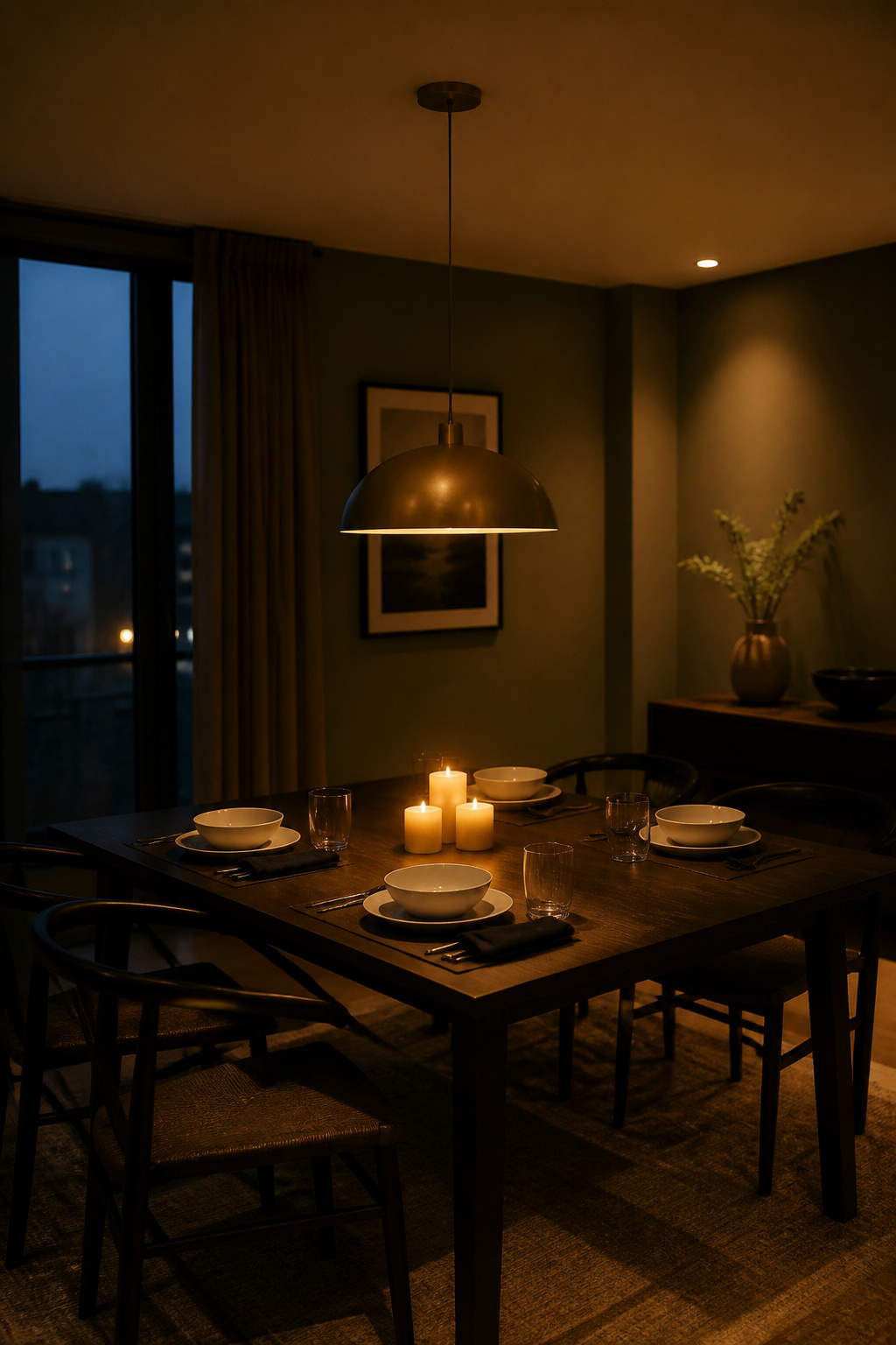 A dimmed brass pendant at 40% over a set dinner table, with recessed fill at 20% — showing the practical value of independent dimming circuits in a dining room.