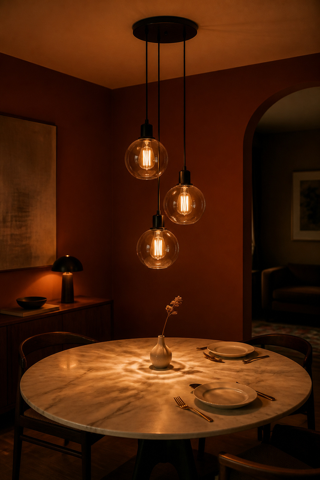 A trio of staggered clear glass Edison pendants over a marble dining table, creating a warm and artisan contemporary dining room lighting arrangement.
