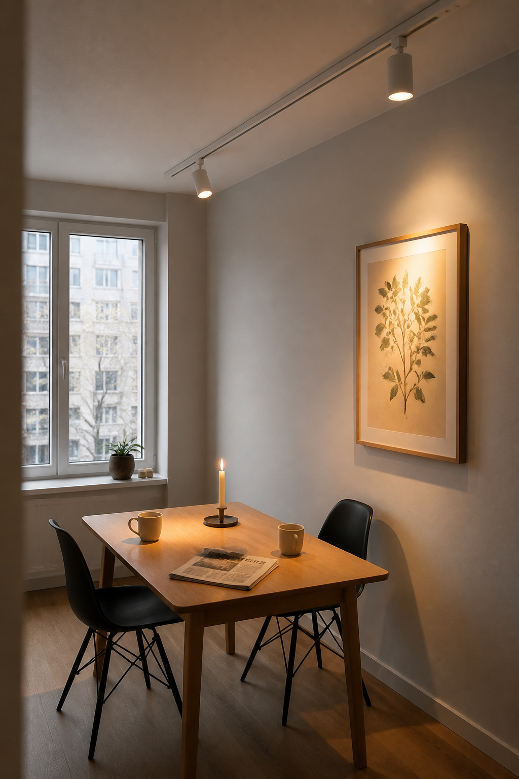 A slim monorail track system serves a compact dining nook with directed table illumination and accent lighting for wall art — without requiring a separate chandelier or ceiling fixture.
