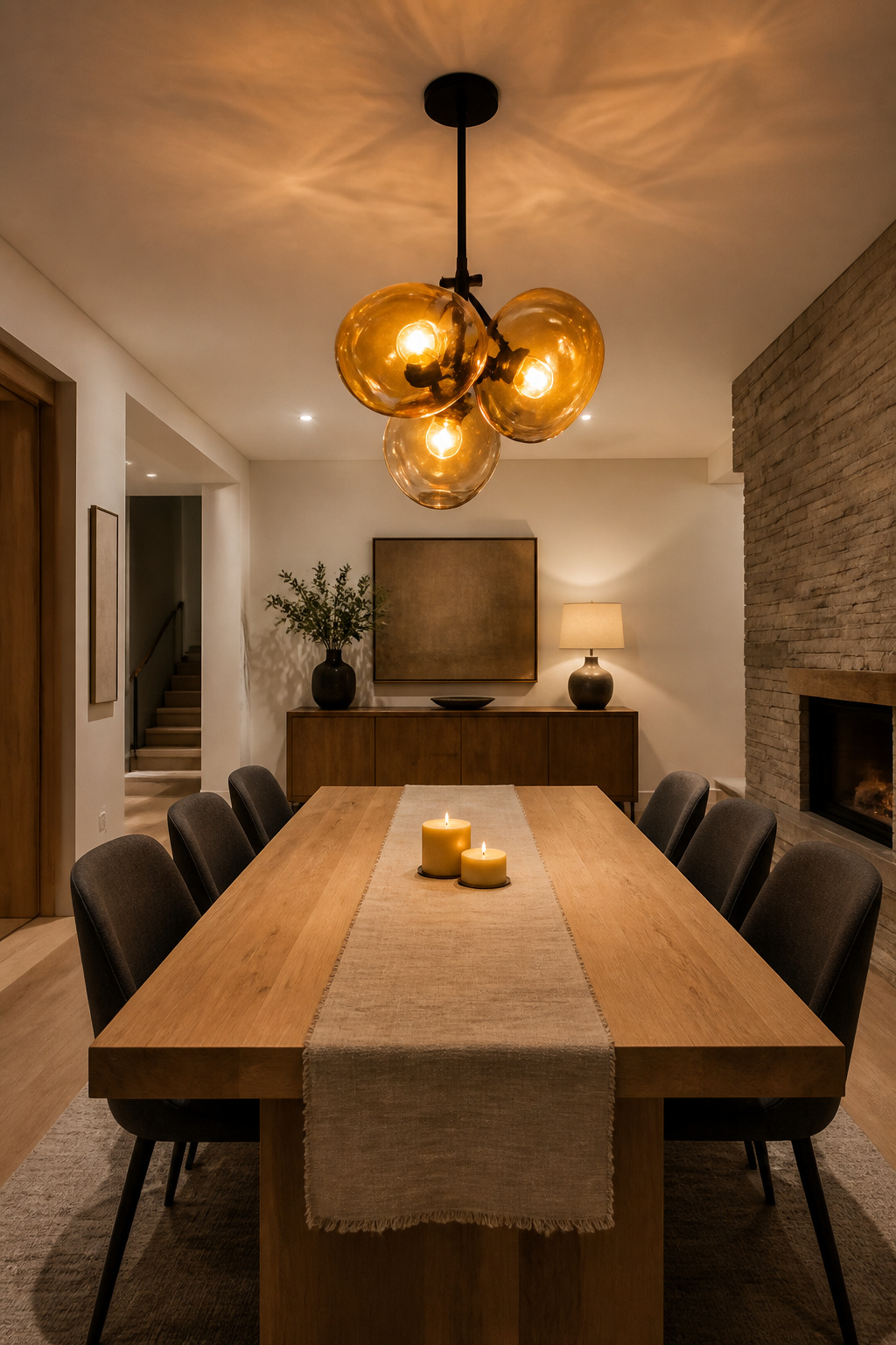 A three-globe amber blown glass chandelier above a white oak dining table — sculptural enough to function as wall art even when unlit.