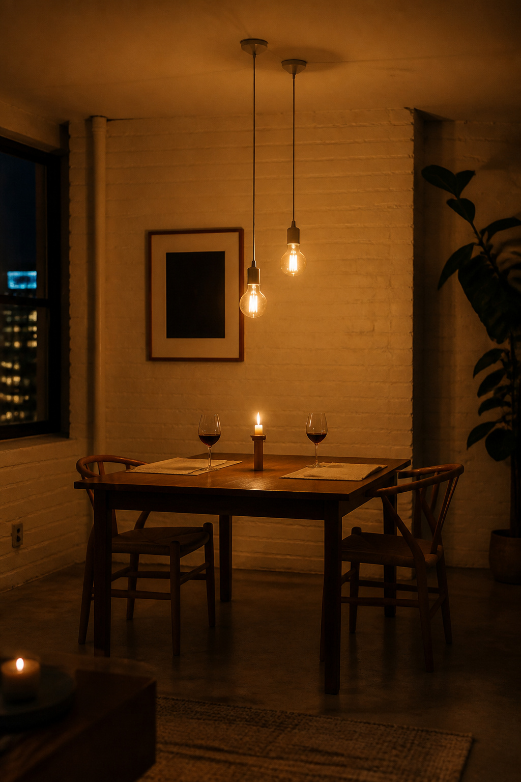Two Edison LED filament bulbs on simple textile cords provide a warm, artisan contemporary dining room lighting effect for under $100 in materials.