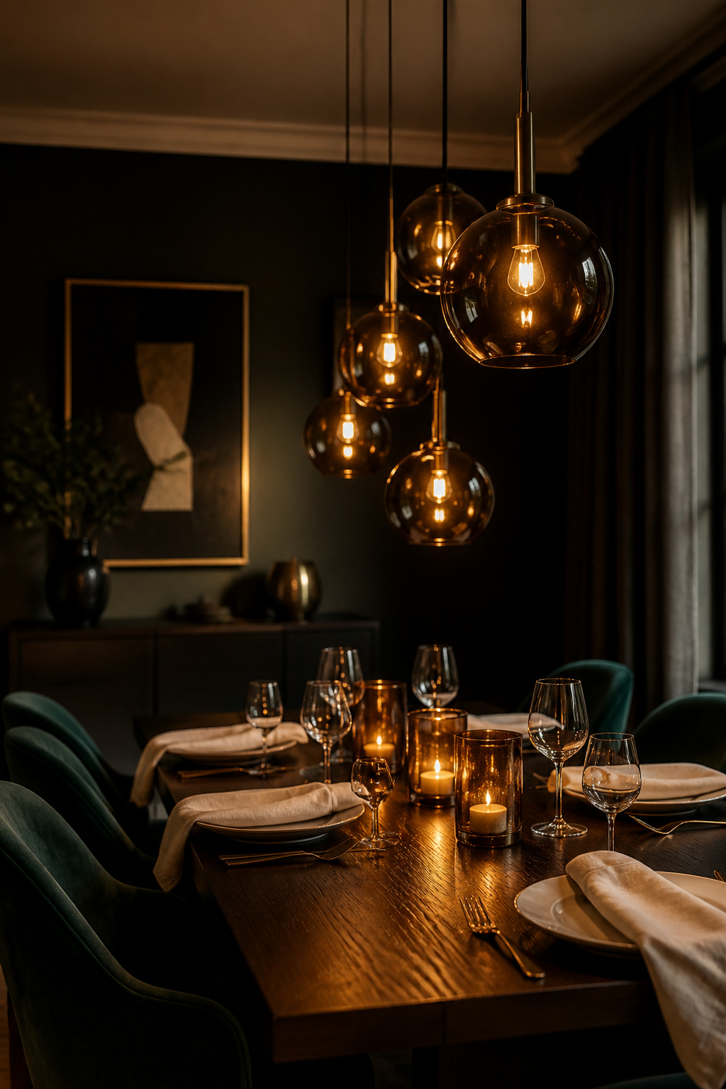 Five smoked amber glass globes with brass sockets at staggered heights create a chandelier-like cluster with a distinctly intimate, filtered light quality.