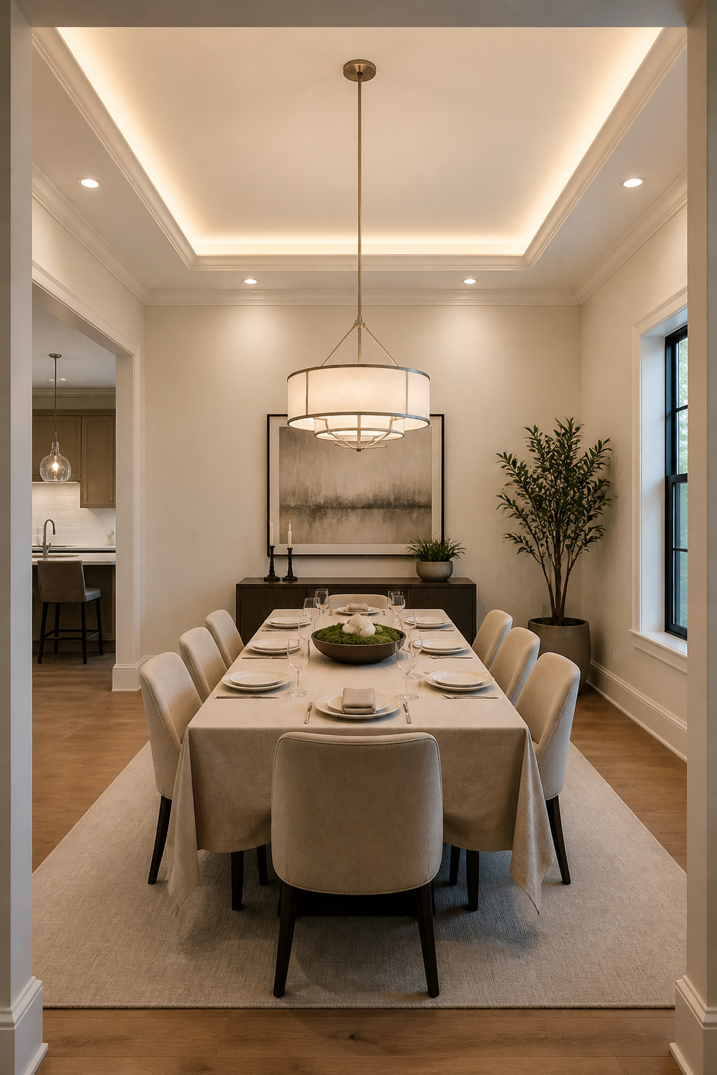 Three independent lighting layers — chandelier, recessed perimeter, and cove — working together to fill a contemporary dining room without any single source dominating.