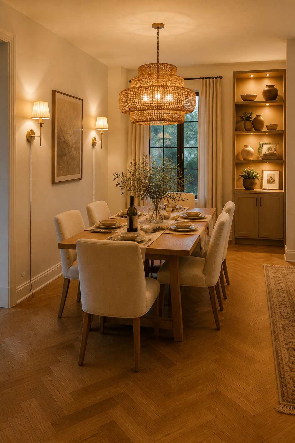 Three independent lighting layers — rattan chandelier, plug-in wall sconces, and shelf puck lights — create a fully flexible contemporary dining room lighting environment with no electrical work beyond the original chandelier.