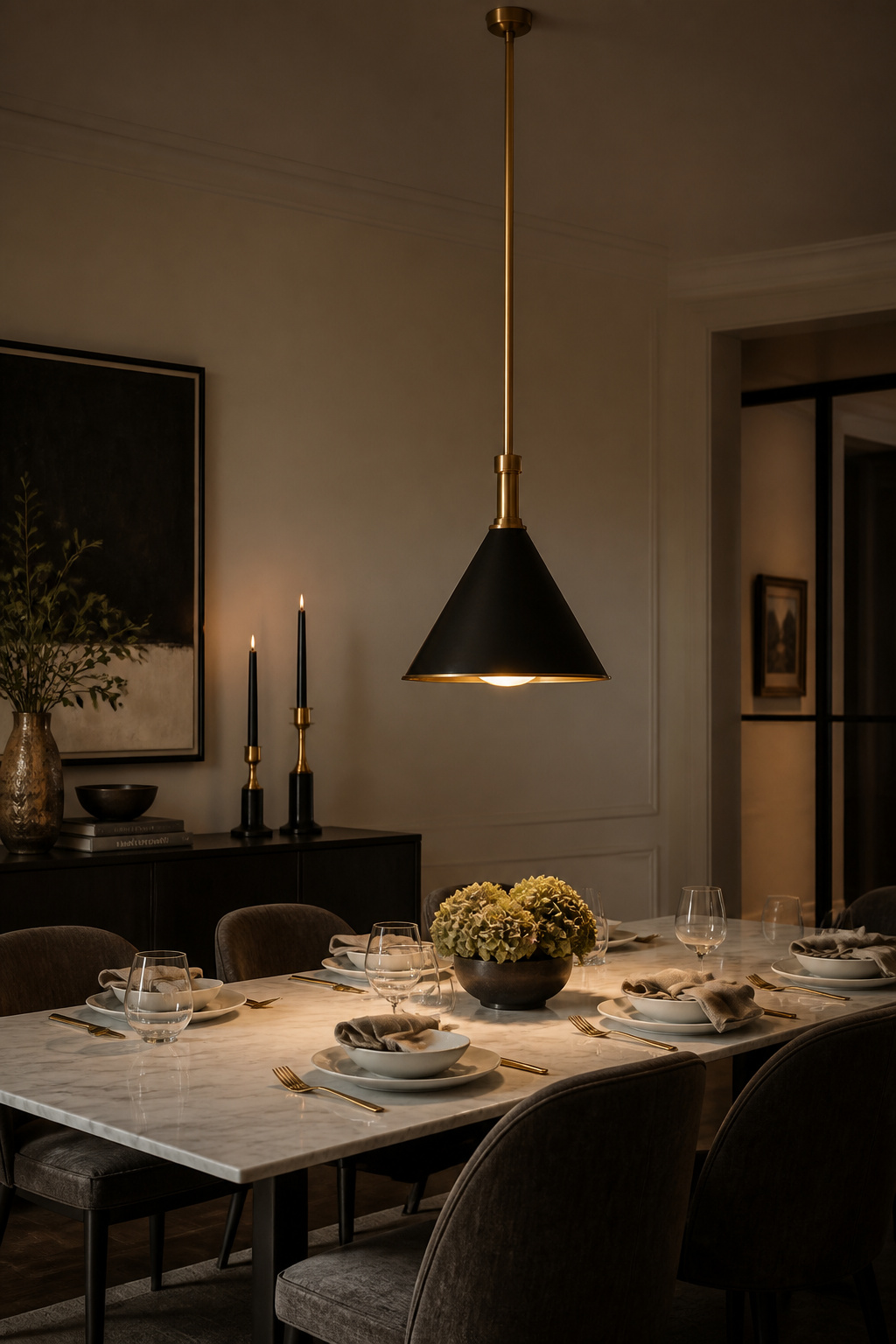 An unlacquered brass and matte black pendant over a Carrara marble table — the defining contemporary dining room lighting palette of 2025-2026.
