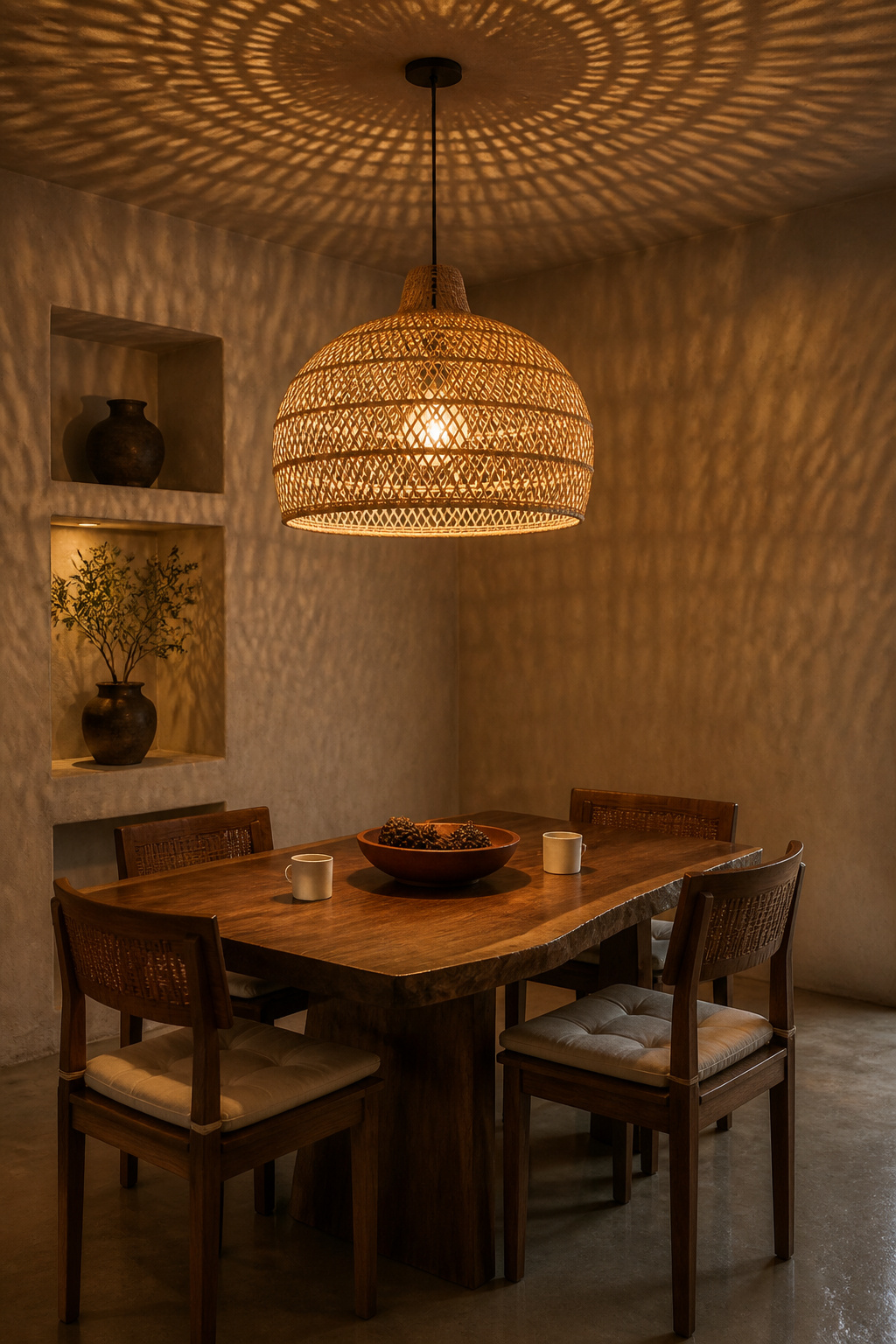 A handwoven rattan pendant casts its signature dappled shadow pattern across the ceiling, creating an organic and calming atmosphere over a live-edge dining table.