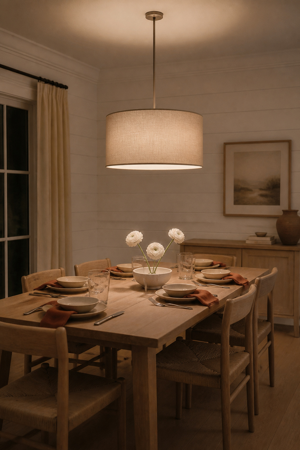 A natural linen drum shade produces the softest possible overhead light for a dining table — diffused, warm, and flattering on every face around it.