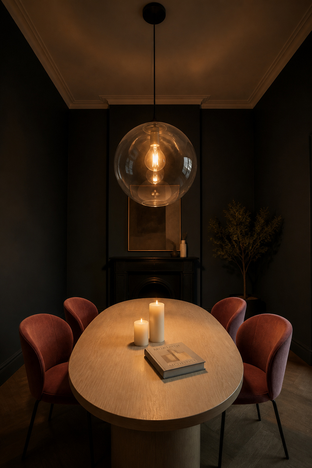 A 30-inch blown glass globe pendant in a room with 10-foot ceilings — the ceiling height allows the oversized scale to read as dramatic rather than overwhelming.