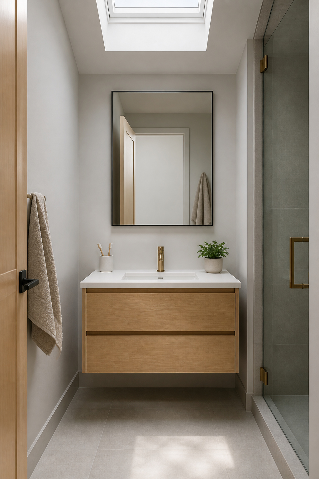 The visible floor beneath a floating bathroom sink vanity adds more perceived space than the actual clearance would suggest — the most effective optical trick in a small bathroom.