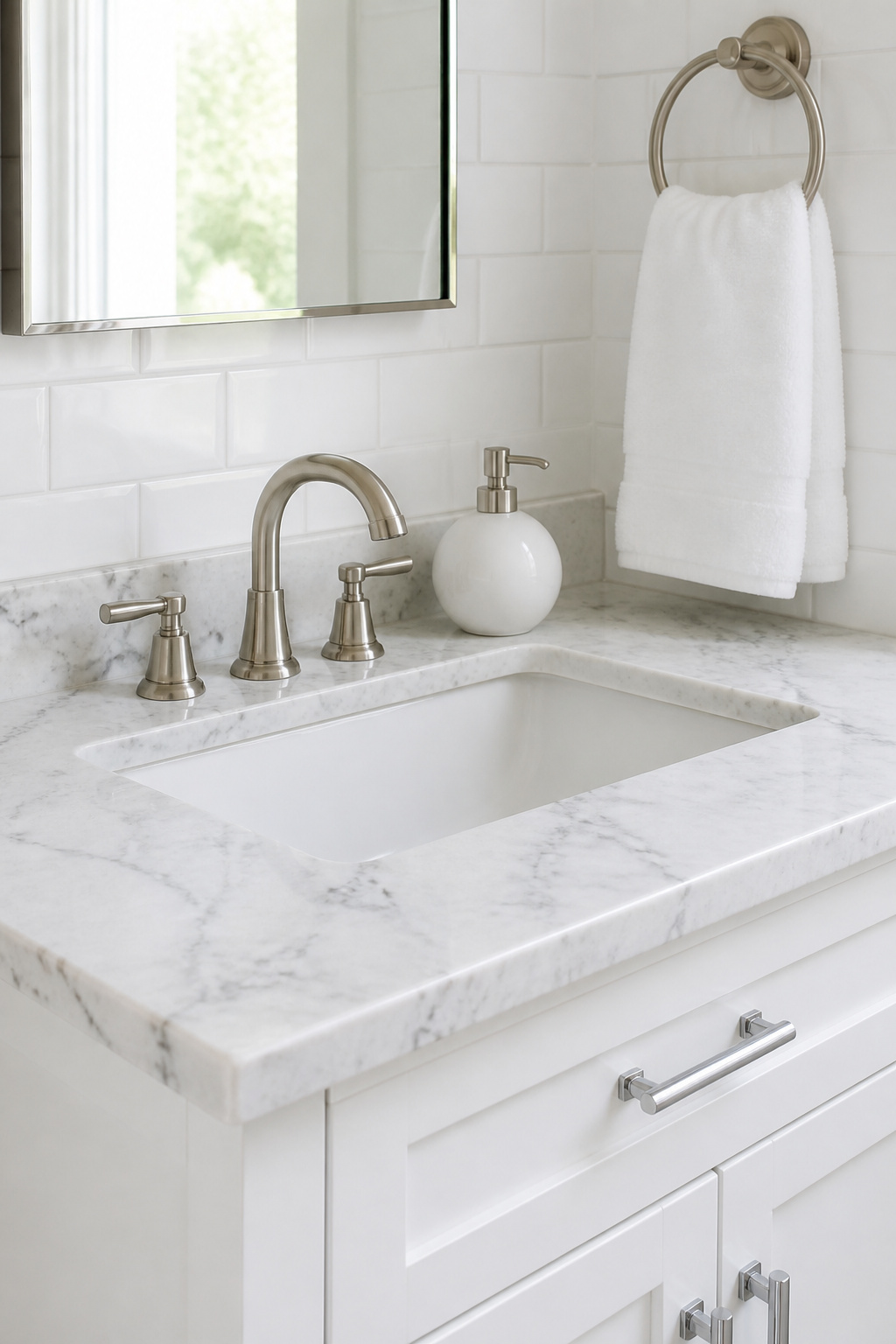 A Carrara marble top changes the character of an entire bathroom — the stone carries an authority that makes everything around it look more deliberate.