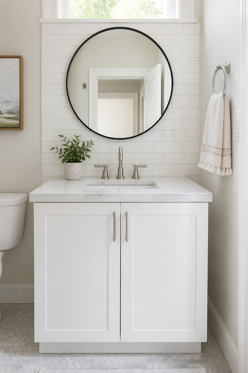 A stock cabinet with a marble top performs a renovation sleight of hand — the stone carries the room while the cabinet does the storage work at a fraction of custom cost.