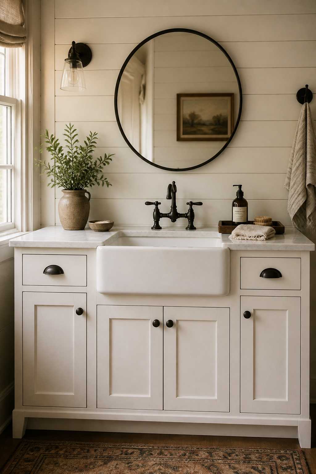 The apron front is the detail that distinguishes a genuine farmhouse bathroom sink vanity from a standard cabinet with rustic hardware — it reads as furniture, not plumbing.