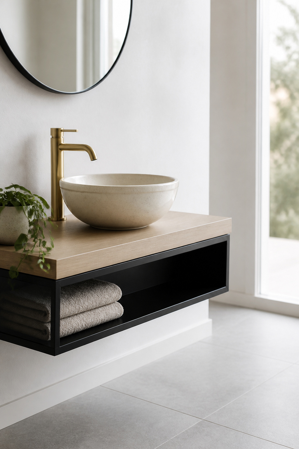 A vessel sink on an open-base shelf turns the basin into the focal point of the room — the entire fixture reads as a single composed object rather than functional plumbing.