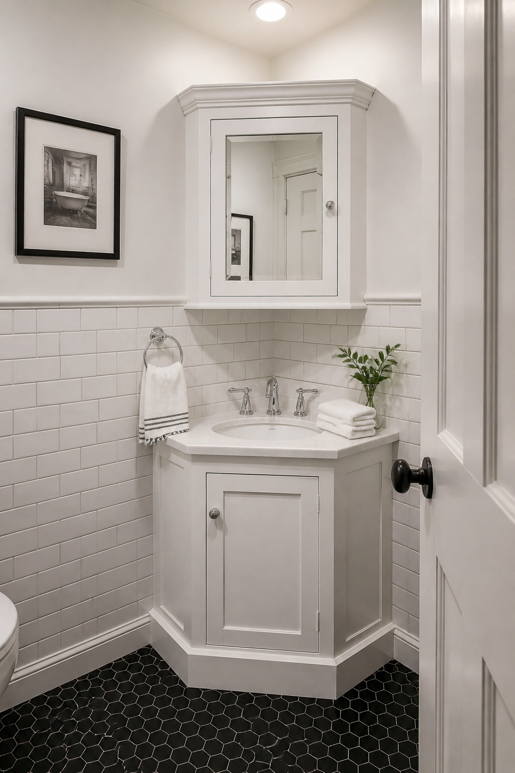 A corner vanity is not an aesthetic choice — it is a practical solution to a specific rough-in position, and in the right room it works cleanly.