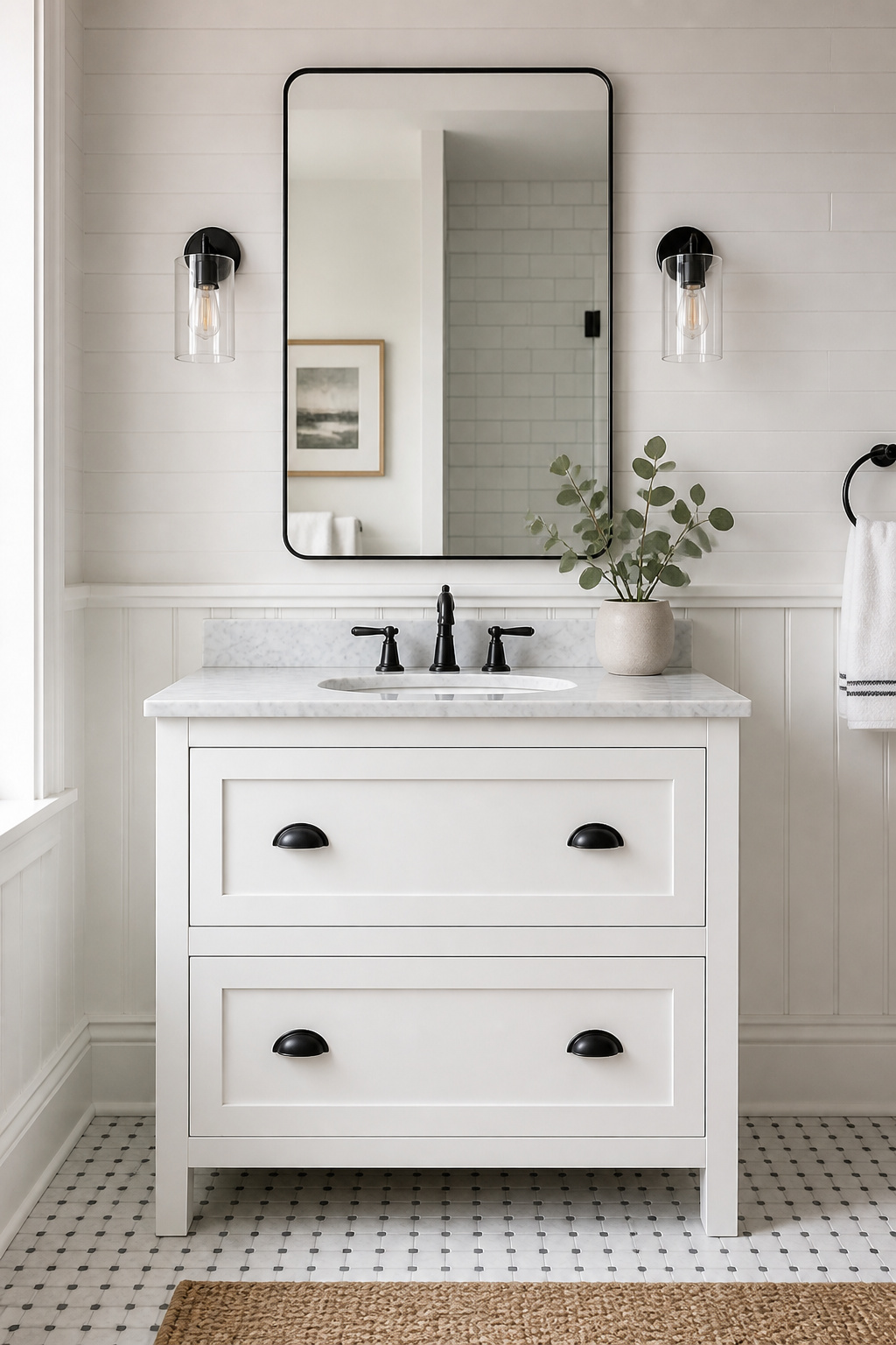 The Shaker bathroom vanity is the renovation-neutral choice — its flat recessed panel pairs with virtually any era of home without calling attention to itself.