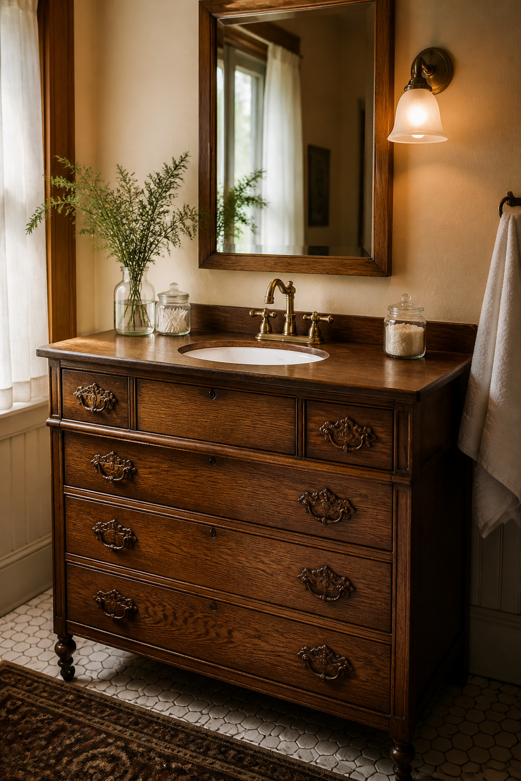 A converted antique dresser brings a material authenticity to bathroom renovation that no catalogue vanity can replicate.
