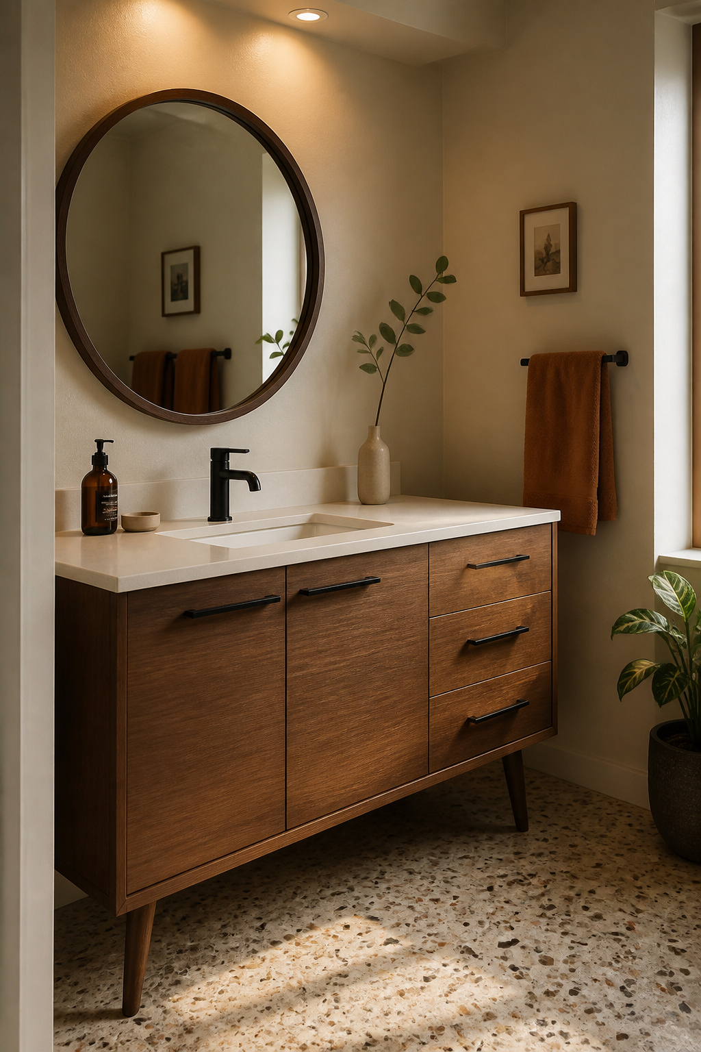 An authentic mid-century modern vanity is defined by three elements — flat fronts, legs that lift the piece off the floor, and minimal integrated hardware — not by tapered legs bolted onto any available door style.