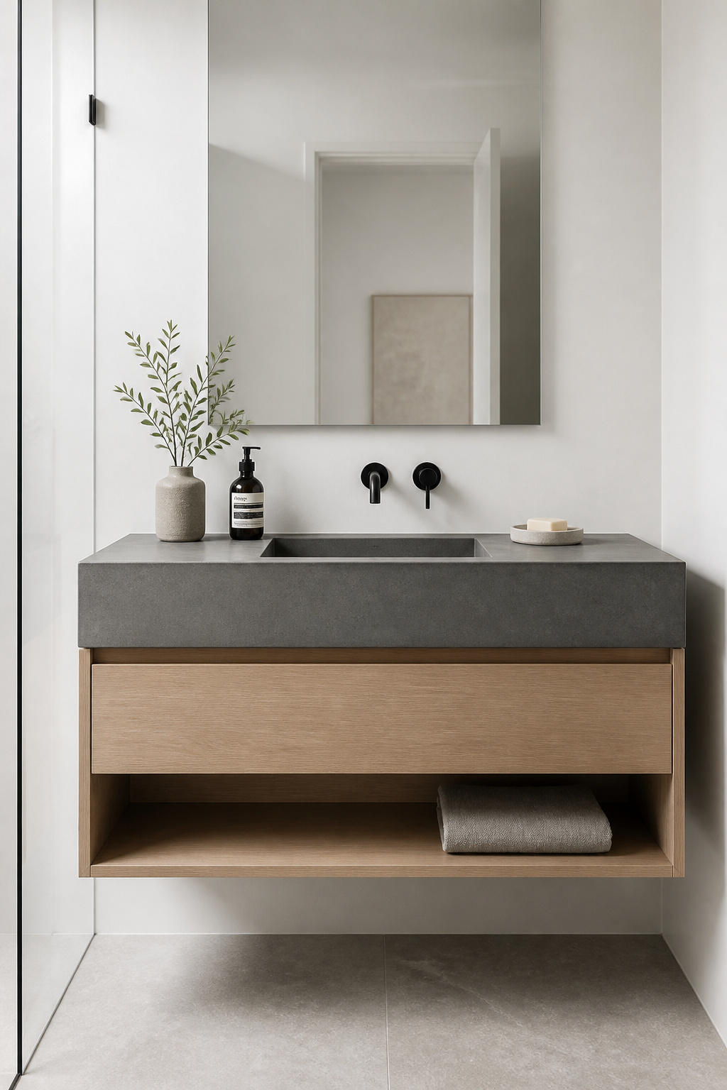 A concrete vanity is a material choice, not a trend application — its variation in tone and texture comes from the casting process and cannot be engineered out.
