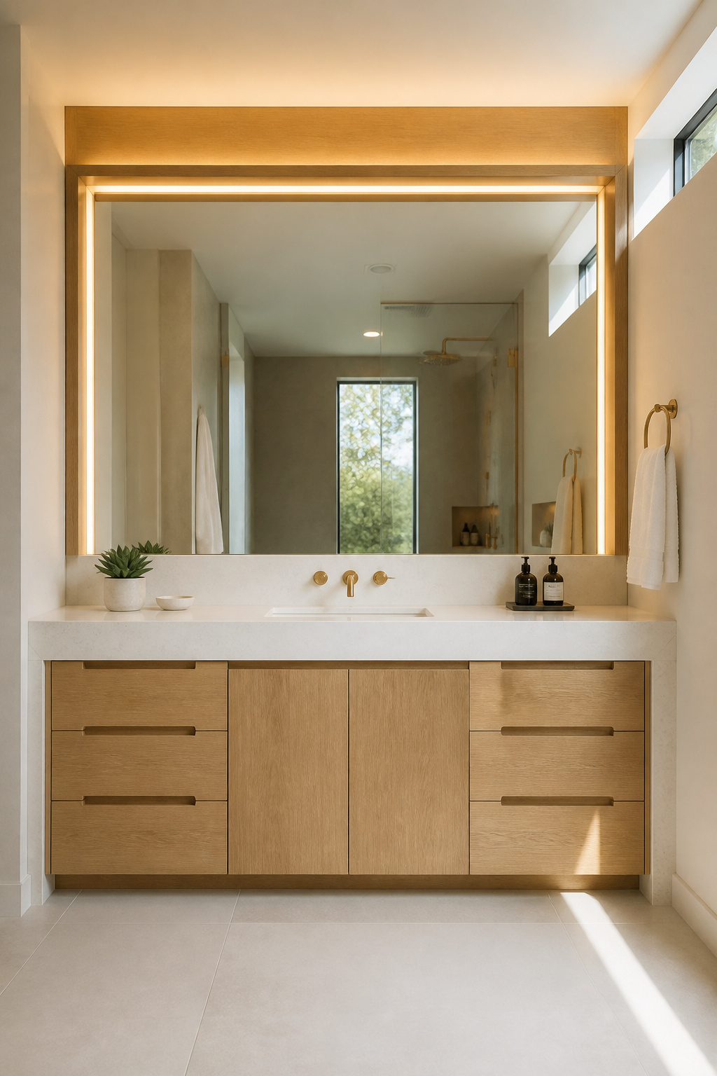 A built-in vanity fills the wall run completely — it is the renovation move that takes a bathroom from functional to genuinely designed.