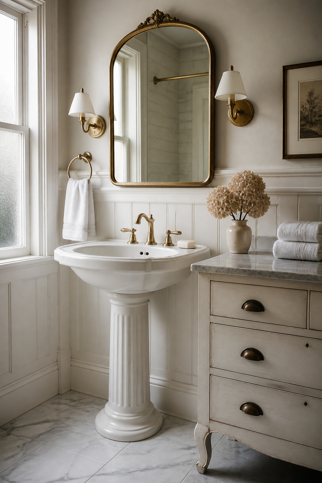 A porcelain pedestal sink and a companion furniture cabinet side by side — a combination that delivers the visual grace of a period sink while solving its one limitation: storage.