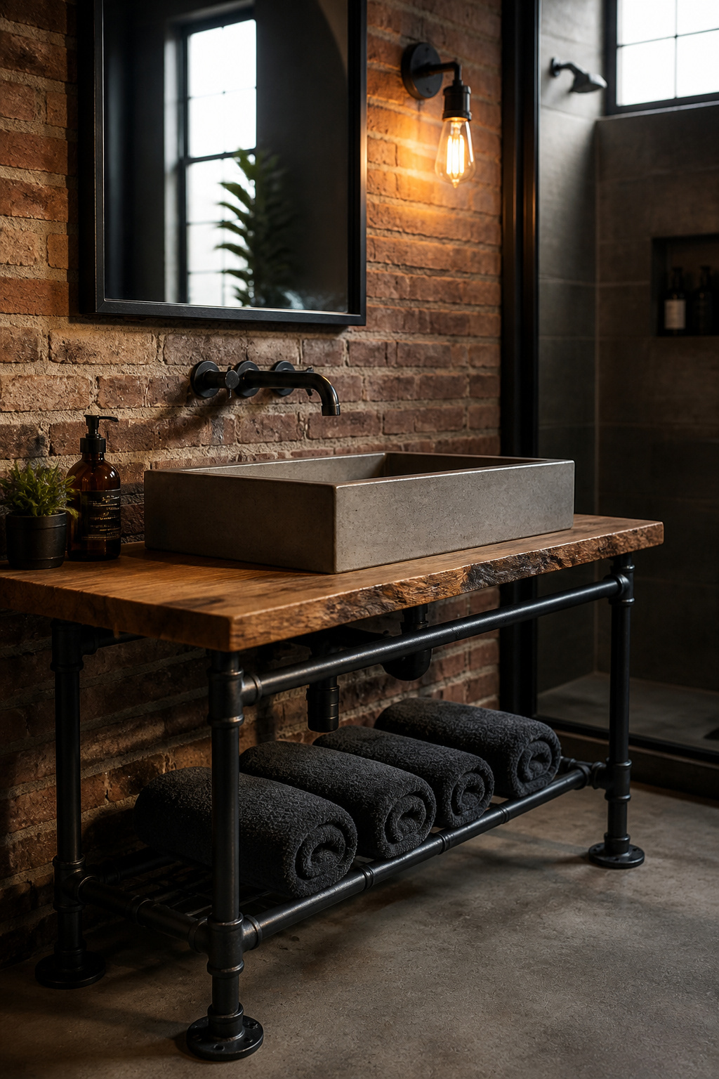 Pipe, raw wood, and a concrete trough sink work together where the building's own materials — brick, exposed structure — provide the right context.
