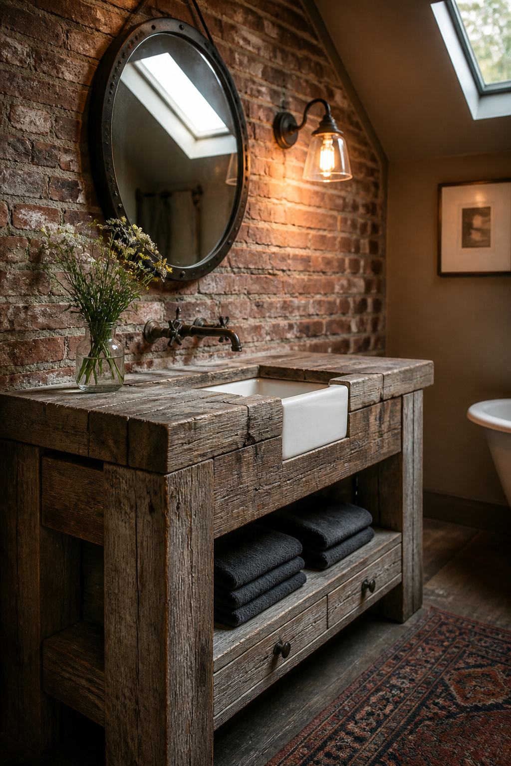 A reclaimed wood bathroom sink vanity carries a material history — age cracks, patina, hand-cut joinery — that no stain can simulate and no factory unit can replicate.