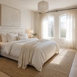 The complete white bedroom aesthetic — limewash walls, bouclé headboard, organic linen, natural fibre floor, and 2700K morning light. Every decision in this room is a wellness choice.