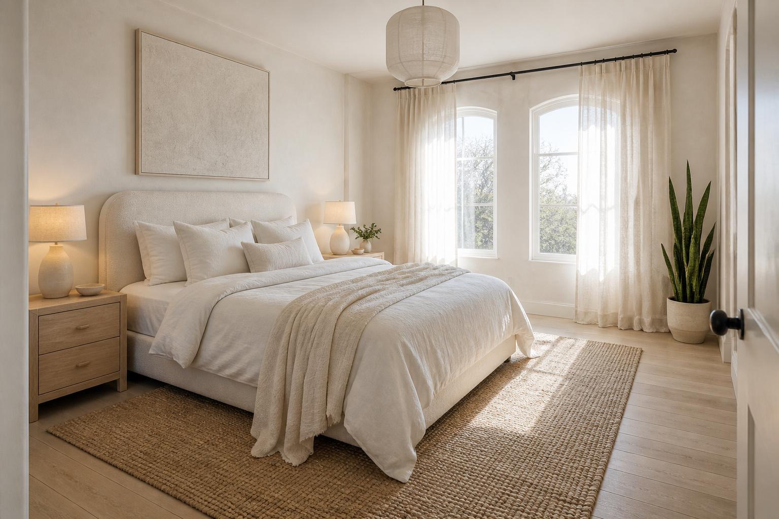 The complete white bedroom aesthetic — limewash walls, bouclé headboard, organic linen, natural fibre floor, and 2700K morning light. Every decision in this room is a wellness choice.