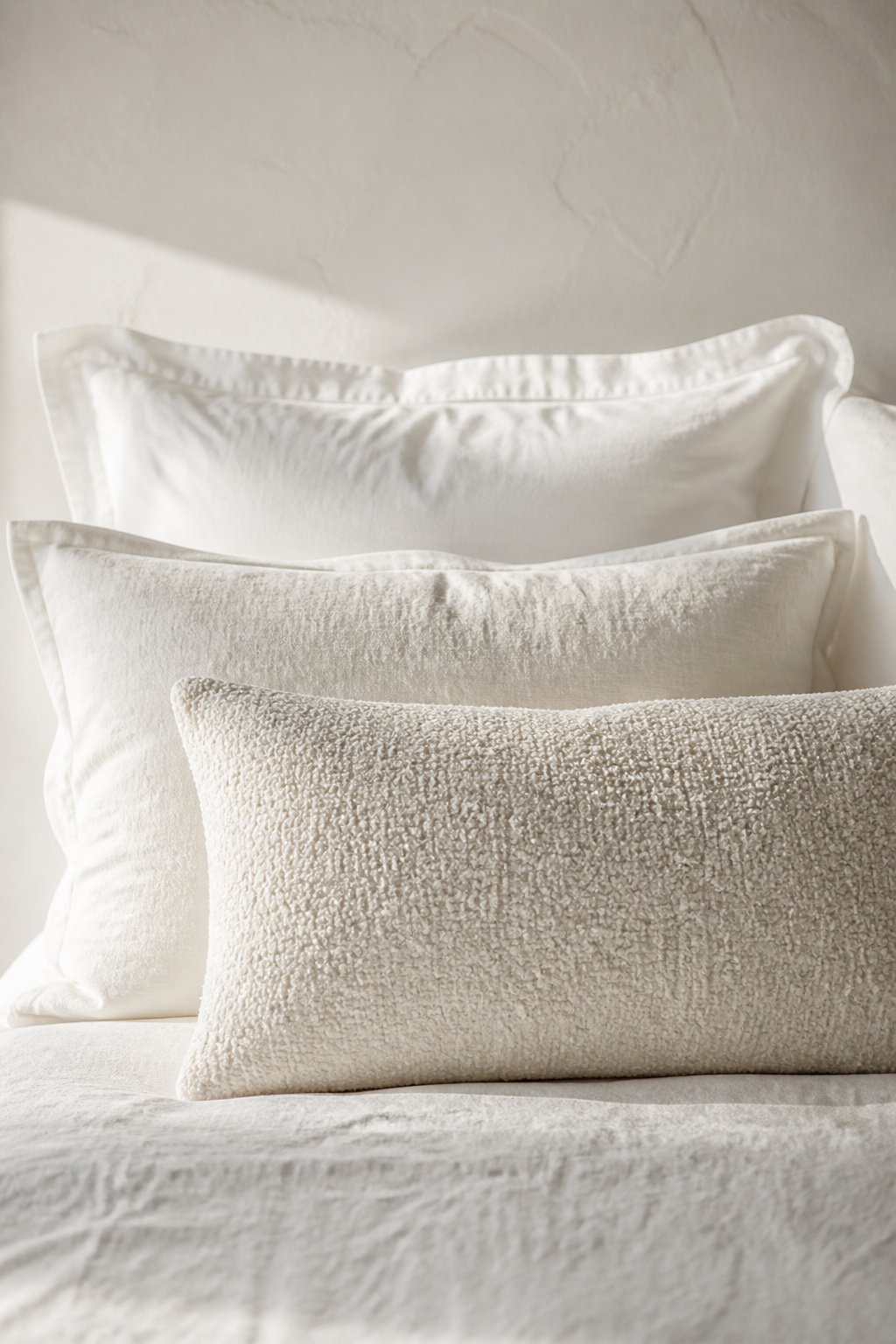 Three materials, one palette — the white-on-white pillow arrangement that makes a bed look considered rather than decorated.