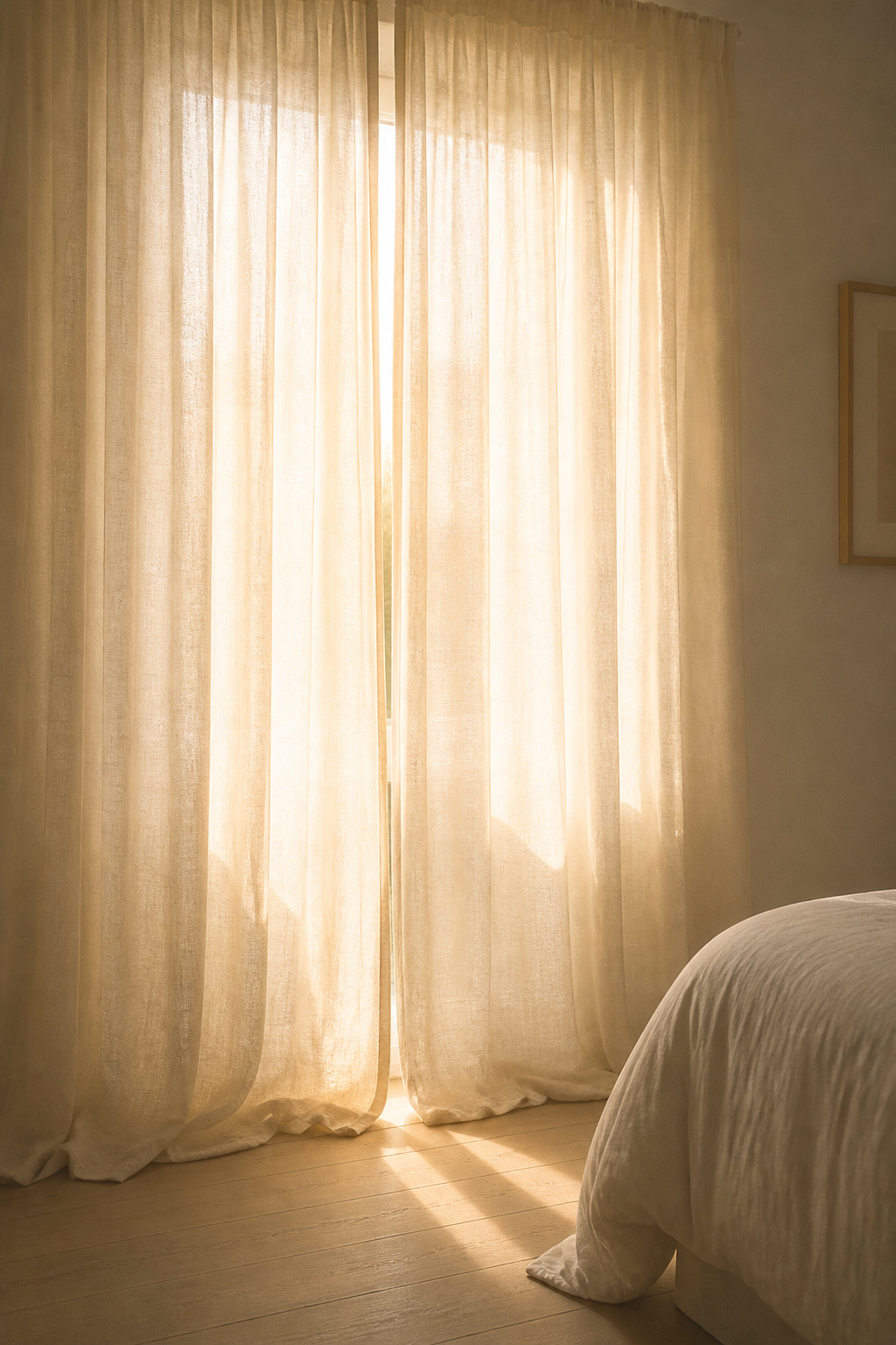 Sheer linen curtains at ceiling height — the morning light source that supports circadian rhythms without waking you with a slap of direct sun.