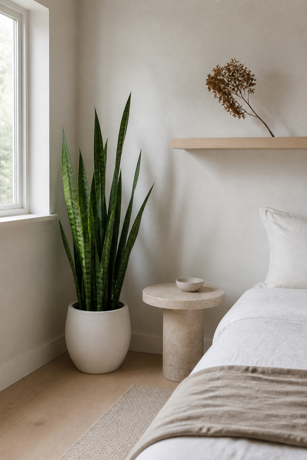 Snake plant, travertine, and light ash — three natural materials against white that lower the room's emotional temperature without adding a single note of colour.