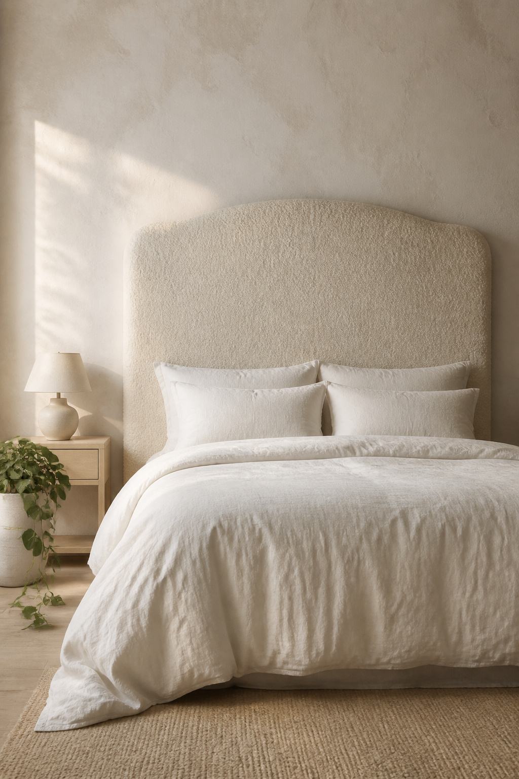 The bouclé-against-limewash combination — two textured, light-absorbing white surfaces that create depth without introducing a single additional colour.