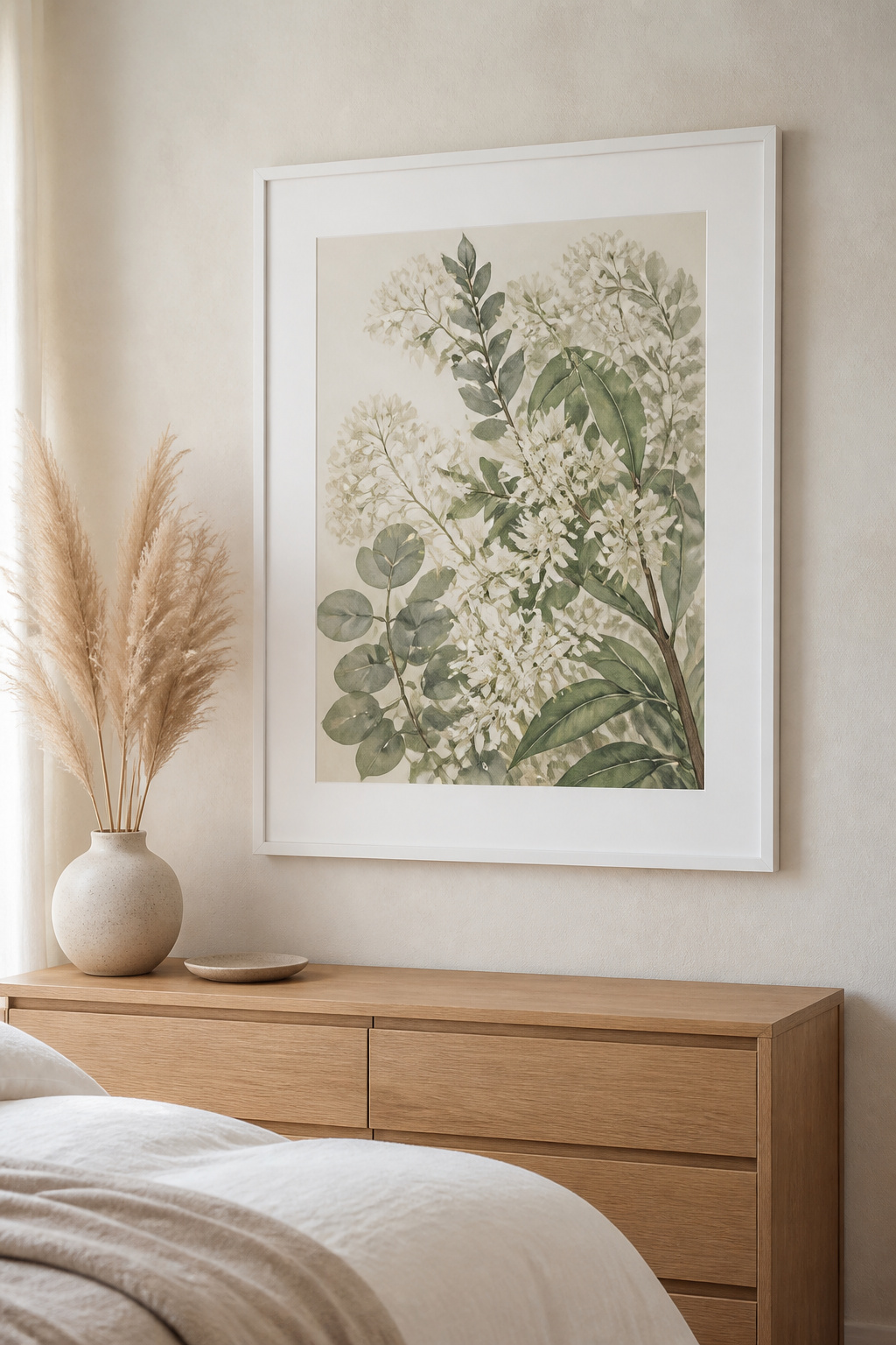 One large piece, a wide mat, and space around it — the wall approach that calms rather than activates.