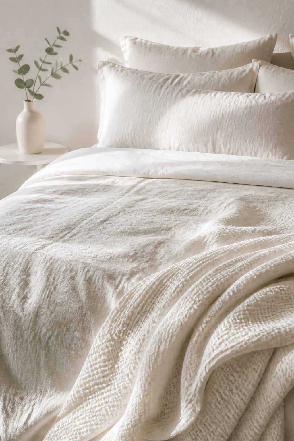 Organic linen bedding in layered whites and naturals — the foundation of a genuine white bedroom aesthetic and a genuine wellness choice, not just a visual one.