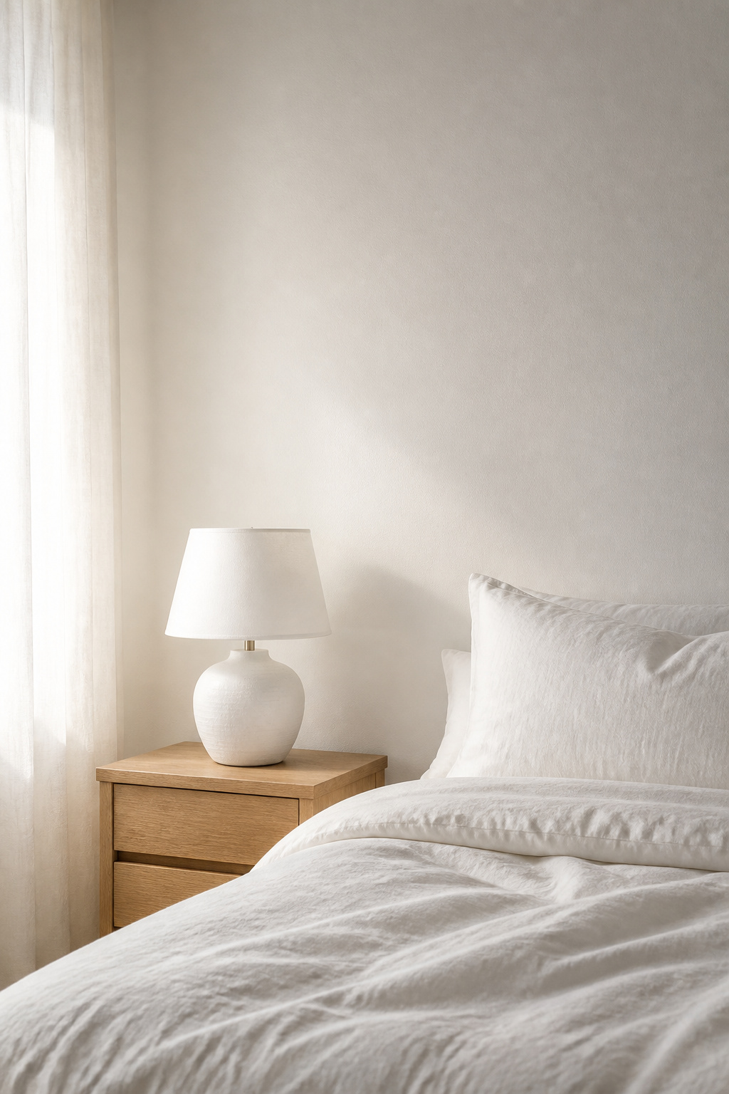 The right warm white paint transforms a bedroom — this is Benjamin Moore White Dove territory, where the undertone does the emotional work.