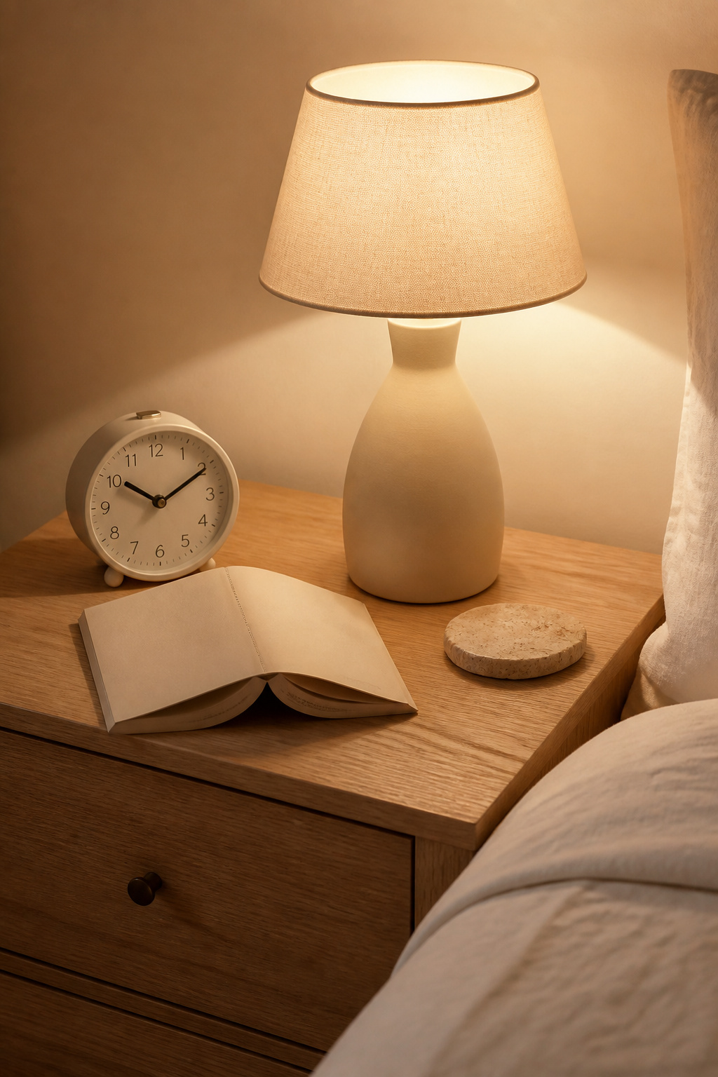 The intentional bedside — everything present earns its place, nothing emits unnecessarily.