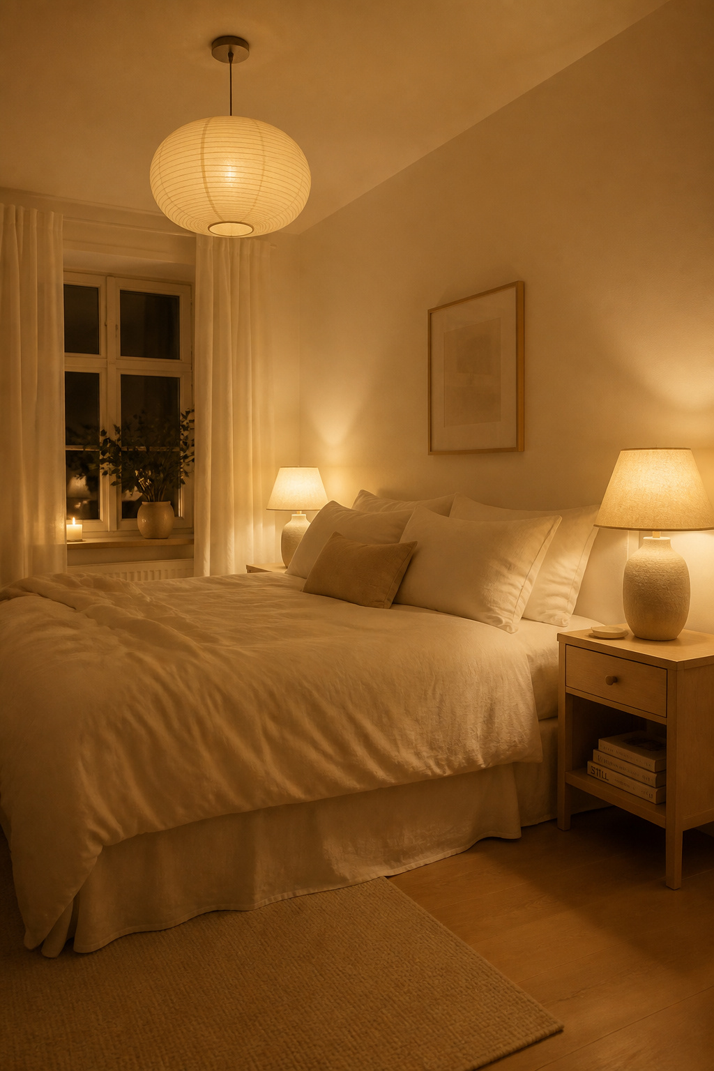 Every light source at 2700K, all on dimmers — the lighting setup that makes a white bedroom feel like rest is genuinely possible.