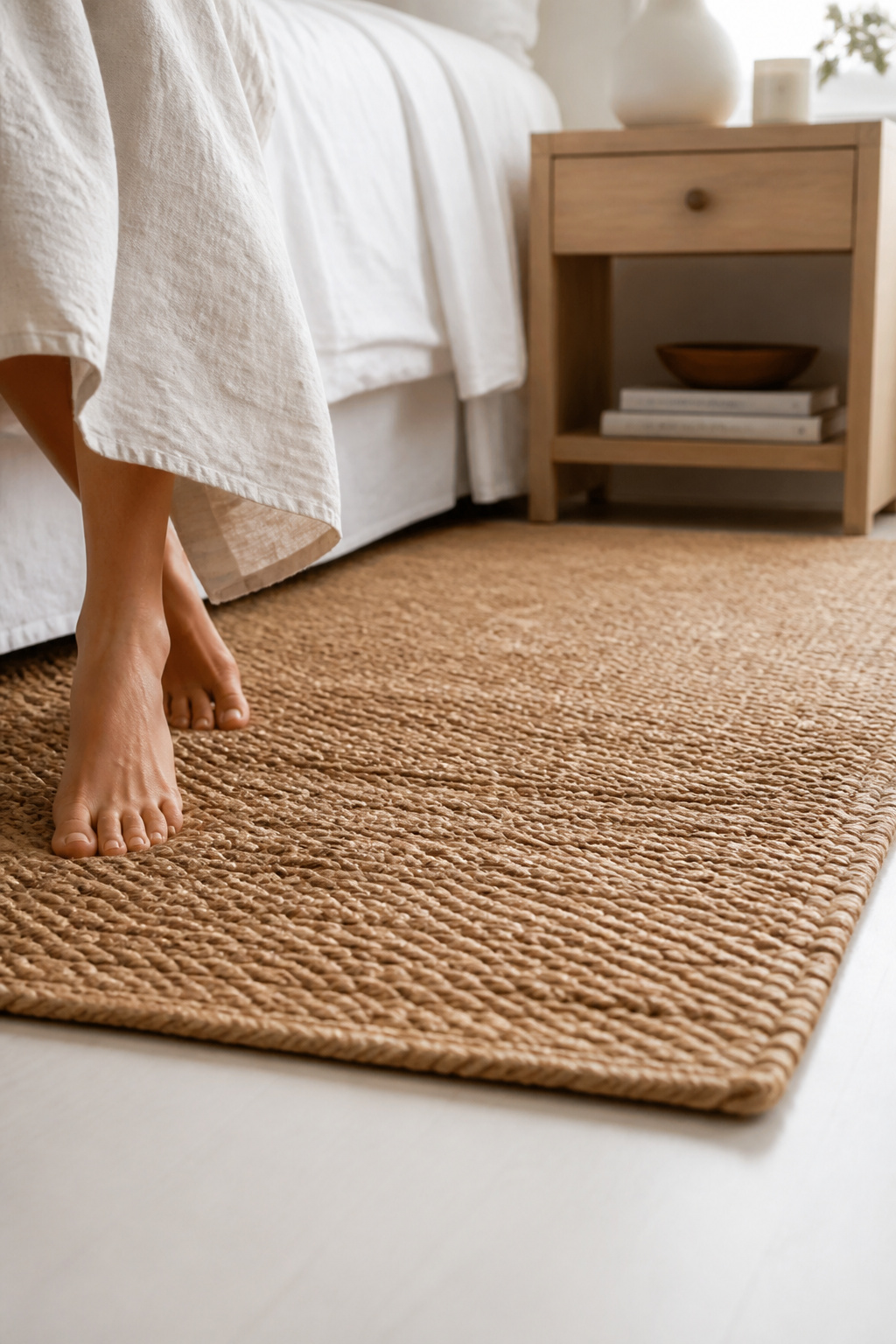 A woven seagrass rug grounds the white bedroom aesthetic without adding colour — the texture is the whole point.