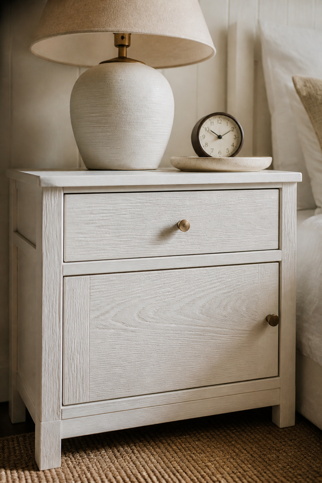 The grain of white oak through white chalk paint — proof that painted furniture doesn't have to look flat.