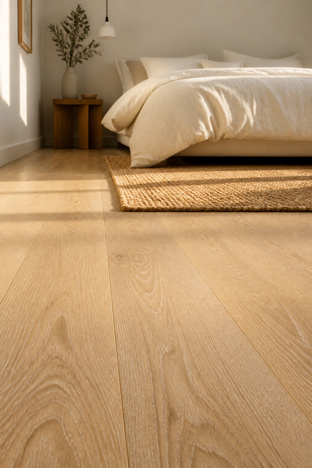 Pale engineered timber — the white bedroom floor that's warm underfoot, allergen-smart, and honest about being a natural material.