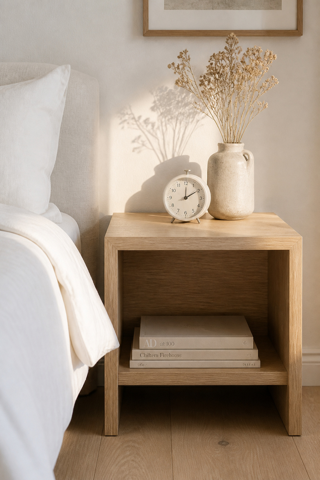 One light ash bedside table in a white bedroom — the single element that changes the room from clinical to calm.