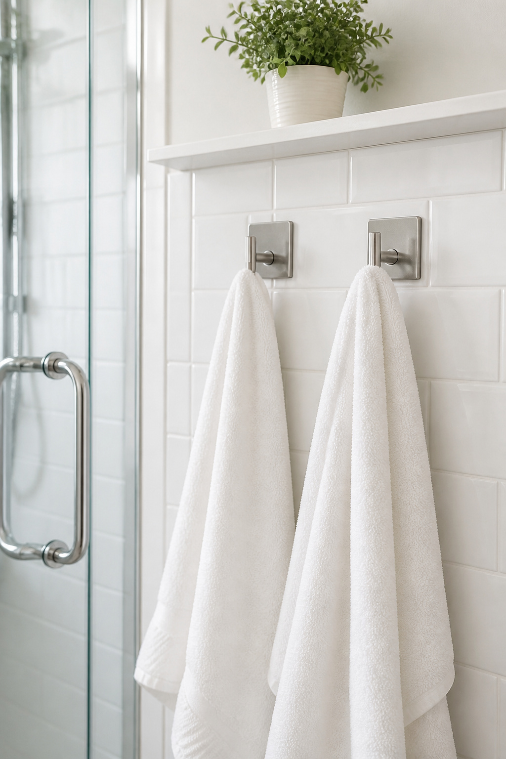 Adhesive hooks placed at the shower exit — where the hand reaches naturally, not where looks neat — solve the towel-on-the-floor problem permanently.