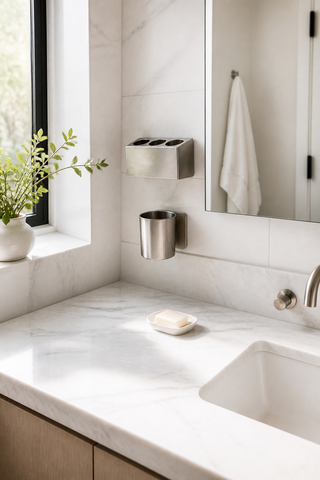 Moving the toothbrush and cup to the wall clears the most visually dense area of the countertop in ten minutes flat.